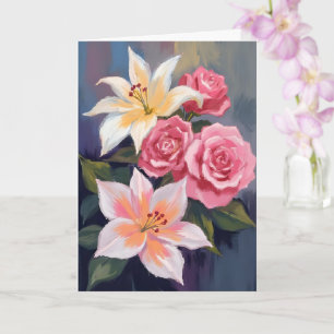 White Lillies Pink Rose Bouquet Watercolor Floral Card