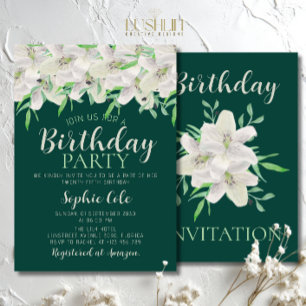 White Lily Birthday Elegant Emerald Green Floral Invitation