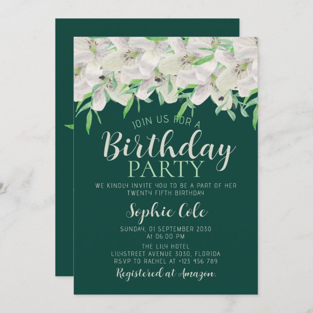 White Lily Birthday Elegant Emerald Green Floral Invitation (Front/Back)