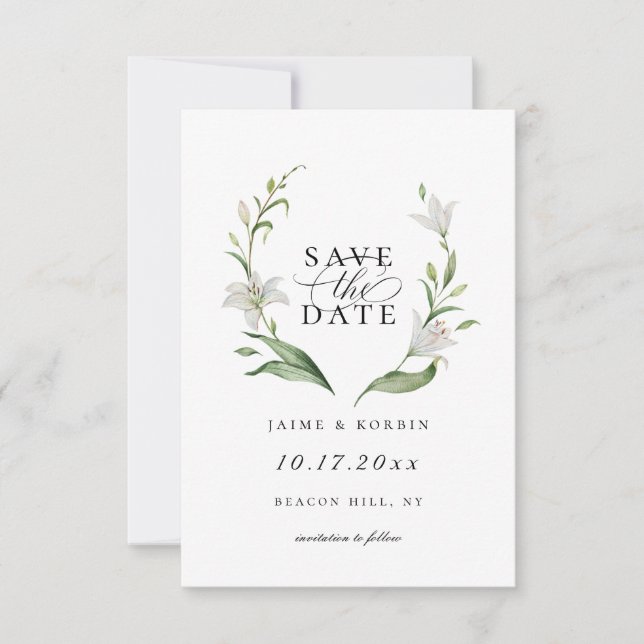 White Lily Botanical Floral Save The Date Photo Announcement (Front)