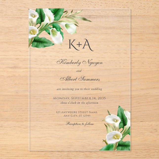 White Lily Custom Monogram Typography Wedding Acrylic Invitations (Front)