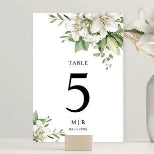 White Lily Elegant Watercolor Floral Wedding Table Number