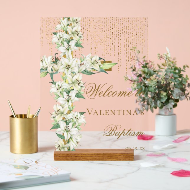 White Lily Floral Gold Cross Baptism Welcome Acrylic Sign (Wedding)
