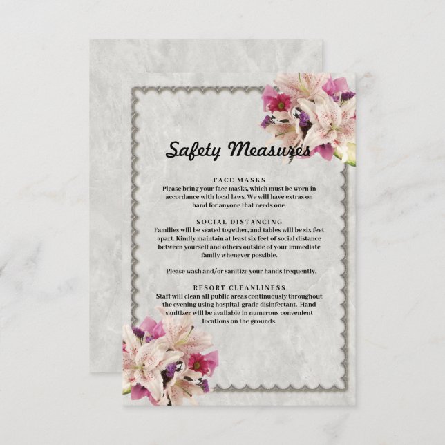 White Lily Floral Marble Safety Measures Enclosure Card (Front/Back)