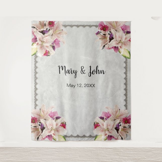 White Lily Floral Marble Wedding Backdrop Tapestry (Front)