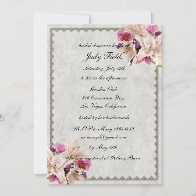 White Lily Floral Marble Wedding Bridal Shower Invitation (Front)