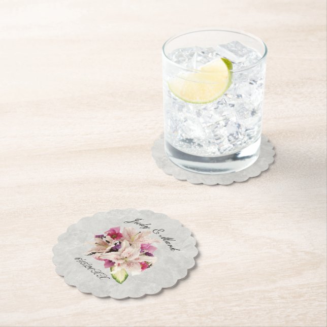 White Lily Floral Marble Wedding Paper Coasters (Insitu)
