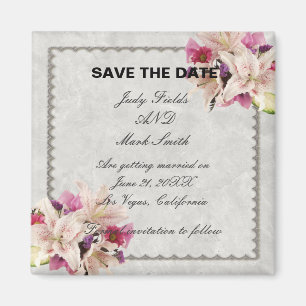 White Lily Floral Marble Wedding Save The Date Magnet