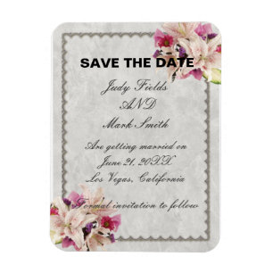 White Lily Floral Marble Wedding Save The Date Magnet