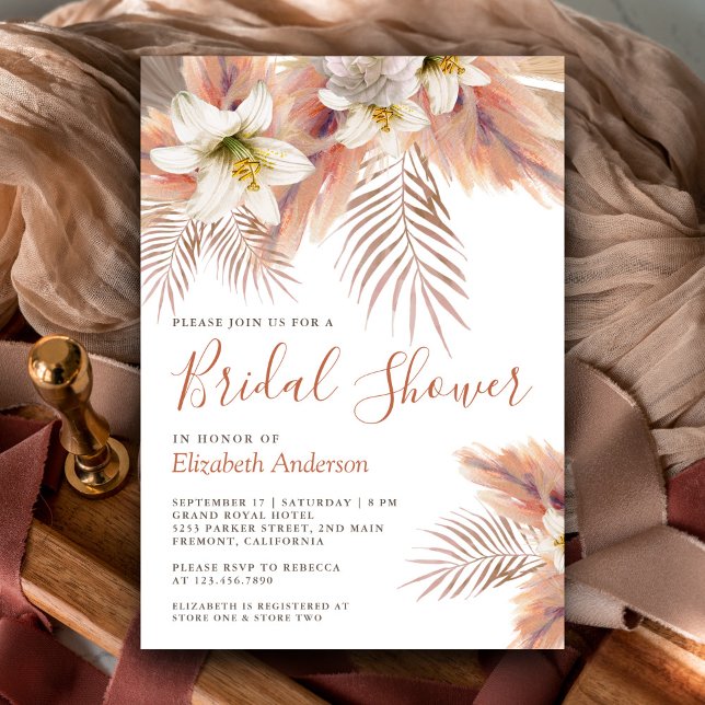 White Lily Floral Palm Earthy Pampas Bridal Shower Invitation (Creator Uploaded)