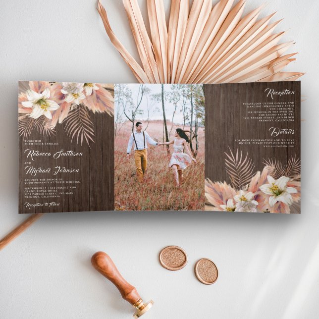 White Lily Floral Palm Earthy Pampas Wood Wedding Tri-Fold Invitation (Creator Uploaded)