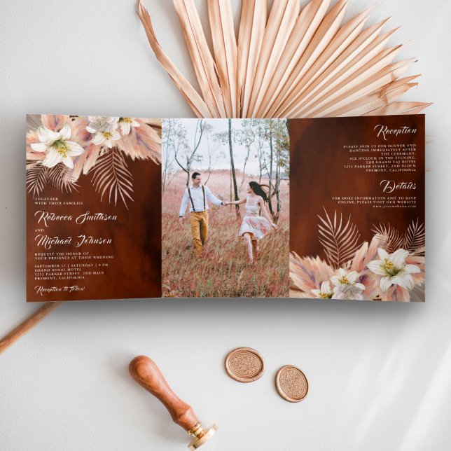 White Lily Floral Palm Pampas Burnt Orange Wedding Tri-Fold Invitation (Creator Uploaded)