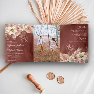 White Lily Floral Palm Pampas Cinnamon Wedding Tri-Fold Invitation