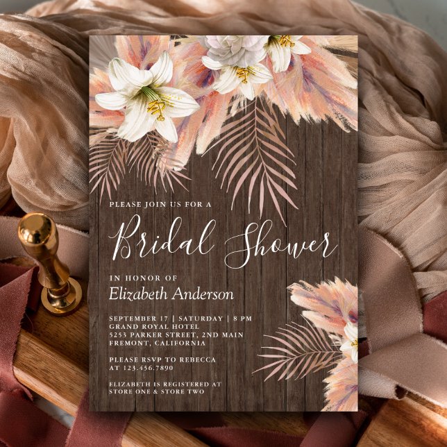 White Lily Floral Palm Pampas Wood Bridal Shower Invitation (Creator Uploaded)