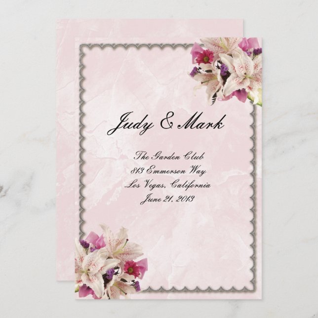 White Lily Floral Pink Marble Wedding Menu Card (Front/Back)