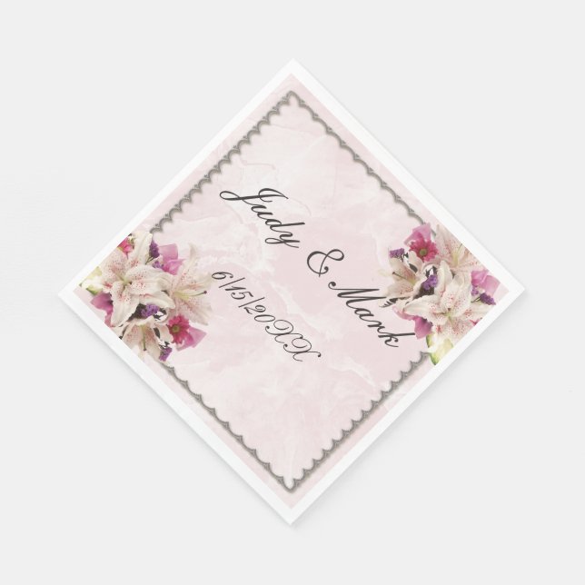 White Lily Floral Pink Marble Wedding Paper Napkin (Corner)