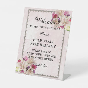 White Lily Floral Pink Marble Wedding Safety Pedestal Sign