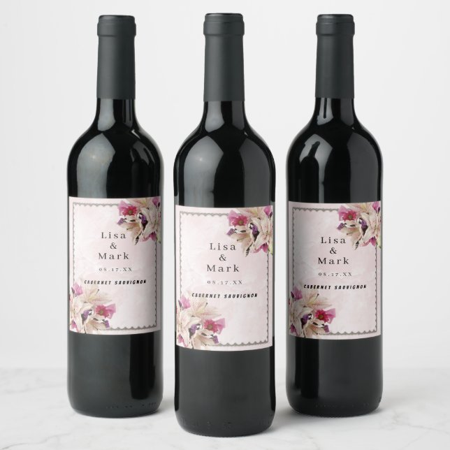 White Lily Floral Pink Marble Wedding Wine Labels (Bottles)