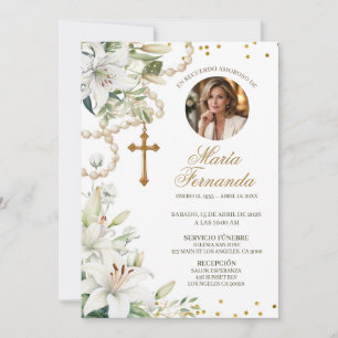 White Lily Floral Rosary Catholic Funeral Invitati Invitation