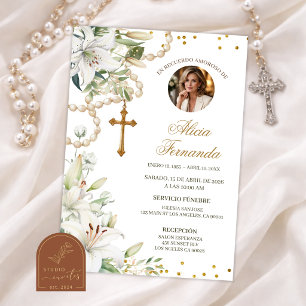 White Lily Floral Rosary Catholic Funeral Invitation