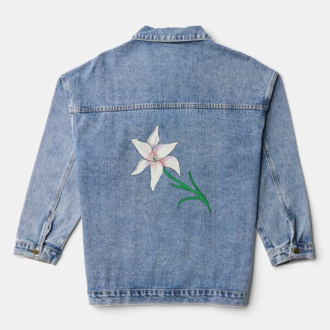 White Lily Flower  Denim Jacket (Back)
