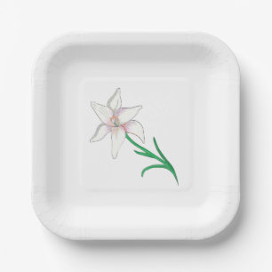 White Lily Flower Illustration Paper Plate