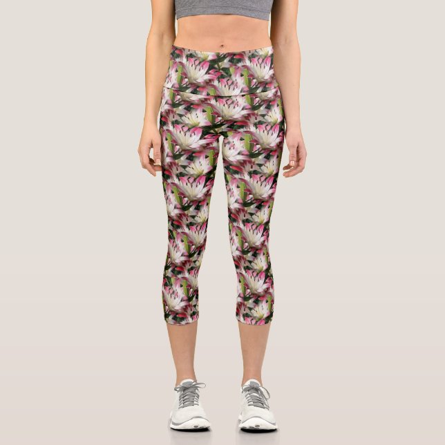 White Lily Flower Nature Pattern  Capri Leggings (Front)