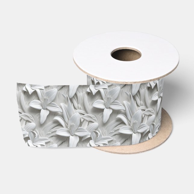 White Lily Flower Seamless Pattern Satin Ribbon (Spool)