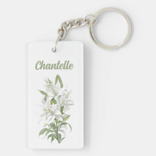 White Lily Flowers Personalized Key Ring