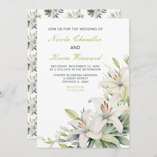 White Lily Flowers Wedding Invitation (Front/Back)