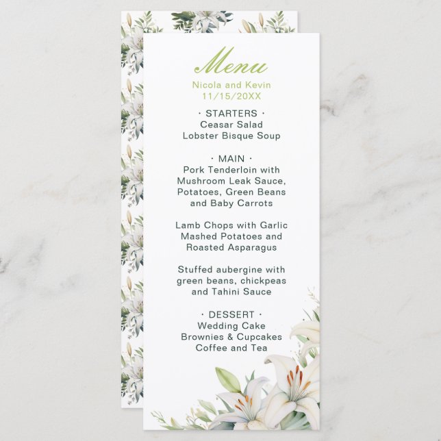 White Lily Flowers Wedding Menu (Front/Back)
