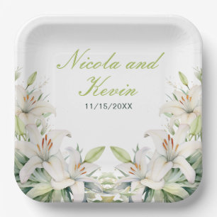 White Lily Flowers Wedding Paper Plate