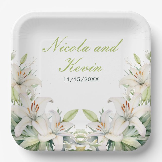 White Lily Flowers Wedding Paper Plate (Front)