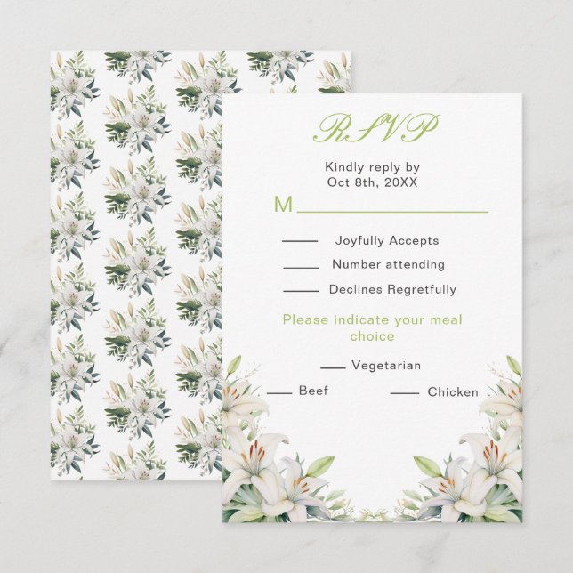 White Lily Flowers Wedding RSVP Card (Front/Back)
