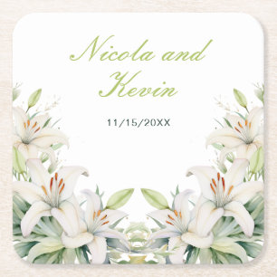 White Lily Flowers Wedding Square Paper Coaster