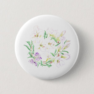 white lily flowers wreath watercolor painting 6 cm round badge