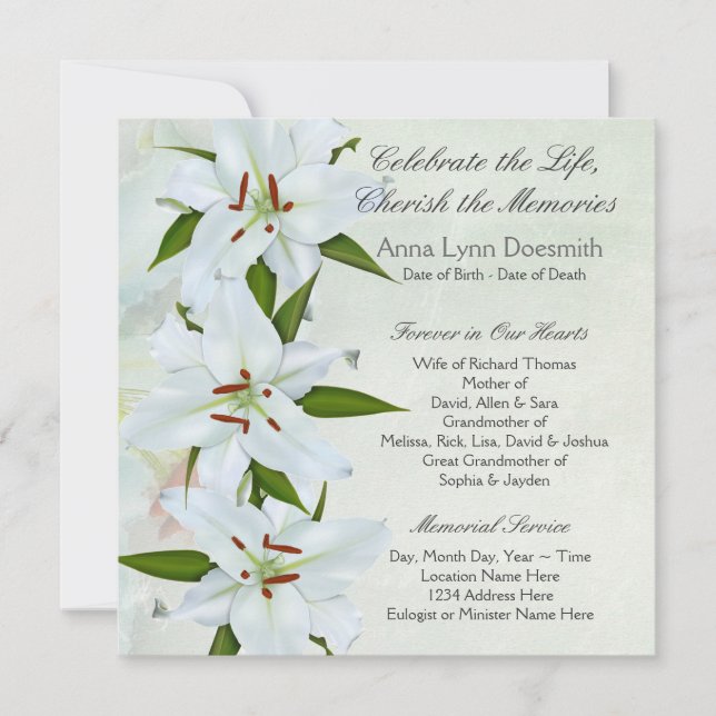 White Lily Funeral Announcements (Front)