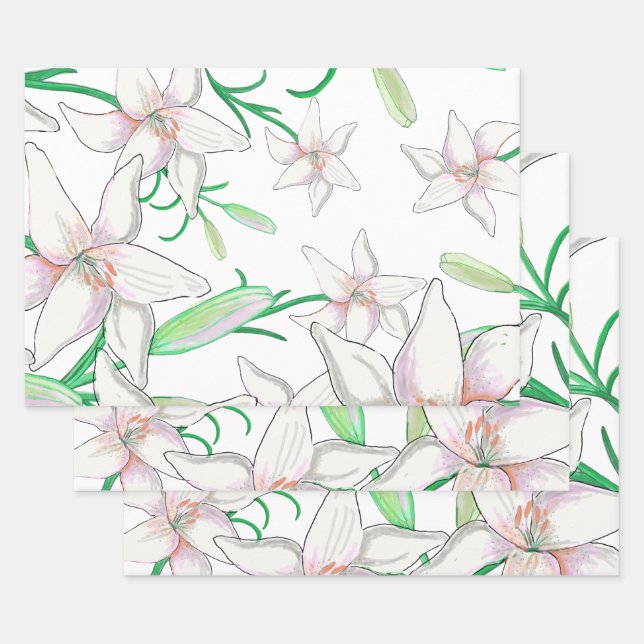 White Lily Illustration   Wrapping Paper Sheet (Set)