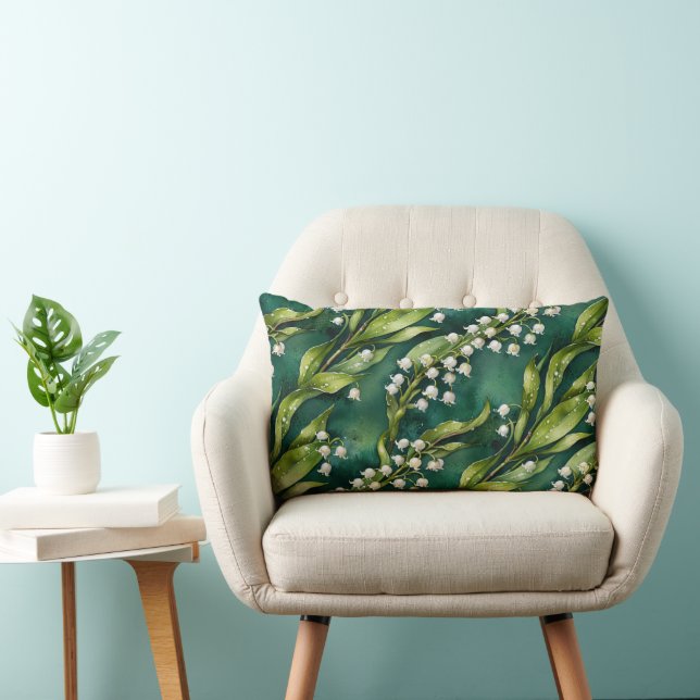 White Lily of the Valley on Teal Lumbar Cushion (Chair)