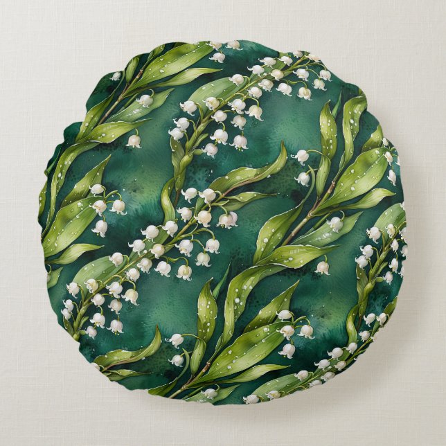 White Lily of the Valley on Teal Round Cushion (Front)