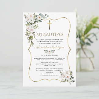 White Lily Rose Bautizo Con Flores Gold Baptism Invitation
