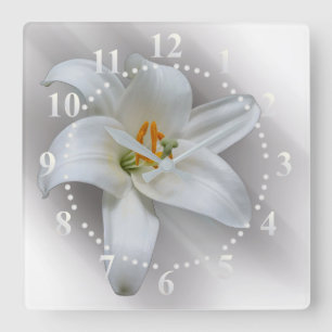 white lily square wall clock