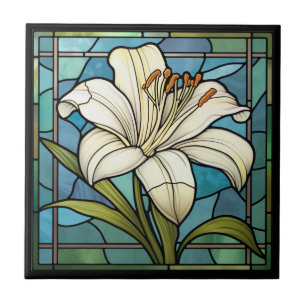 White Lily Stained Glass Ceramic Tile