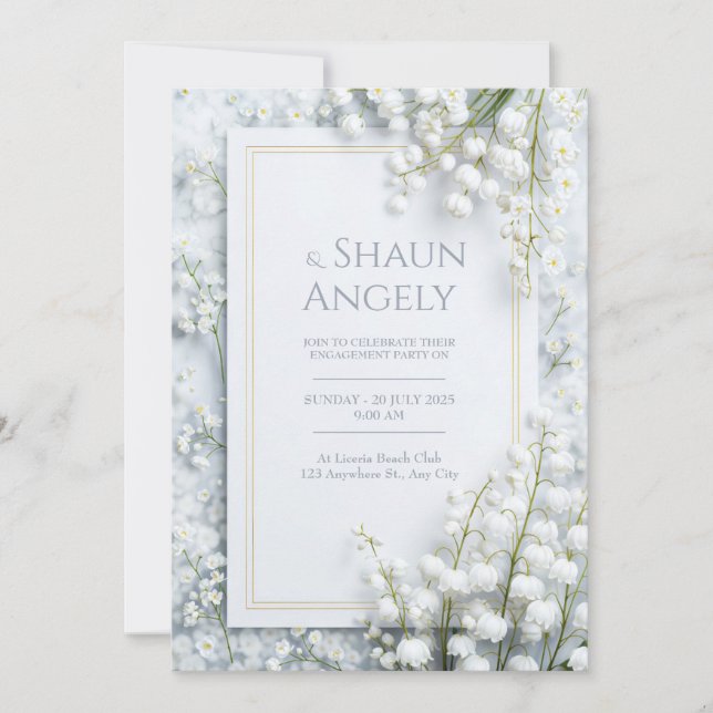White Lily Valley Marble Gold Frame Wedding Invitation (Front)