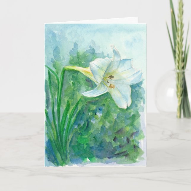 White Lily Watercolor Flower Happy Easter Holiday Card (Front)