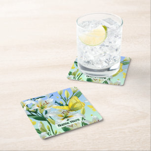 White Lily Yellow Butterfly Square Paper Coaster