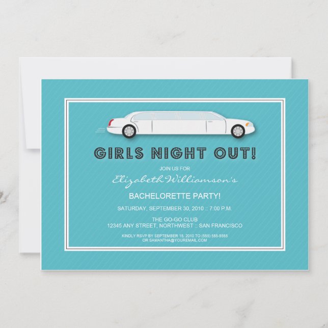 White Limo Bachelorette Party Invitation (aqua) (Front)