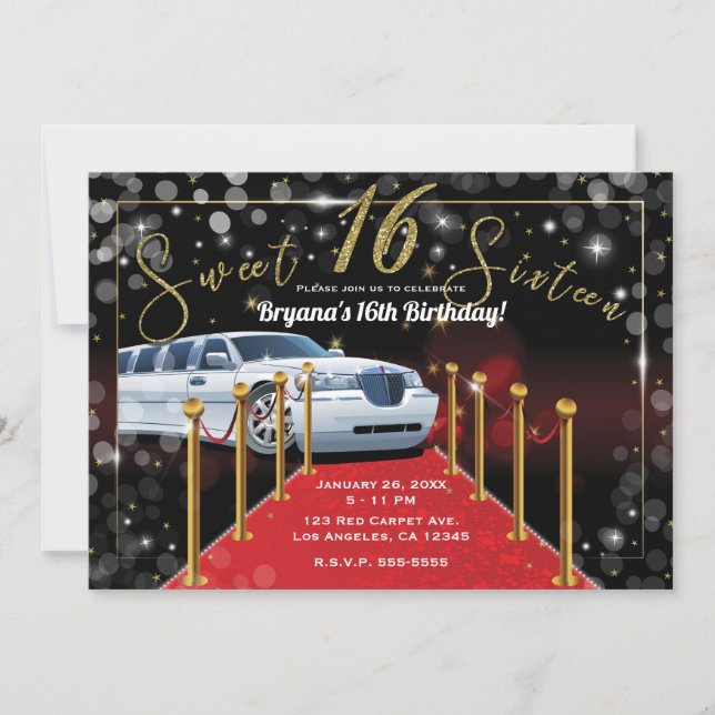 White Limo Red Carpet Hollywood Sweet 16 Party Invitation (Front)