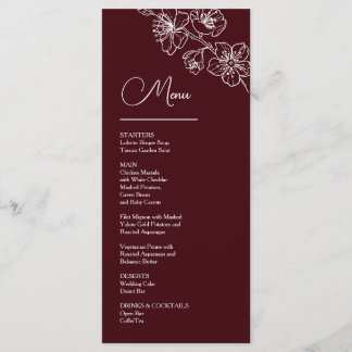 White Line Art Flowers Deep Burgundy Wedding Menu
