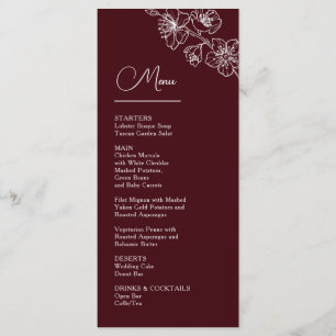 White Line Art Flowers Deep Burgundy Wedding Menu
